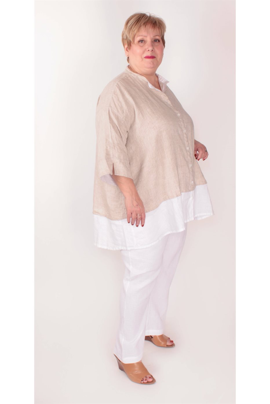 Blouse Lin Beige-Blanc